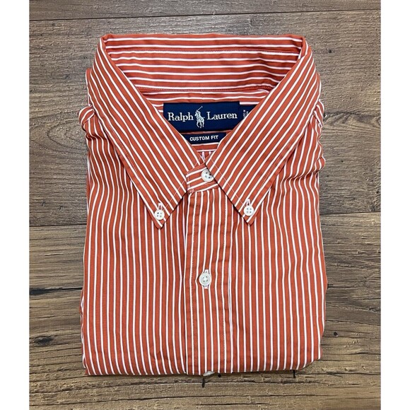 Vintage Ralph Lauren Button Shirt Mens XL Striped Orange White Custom Fit 80s - Picture 10 of 11